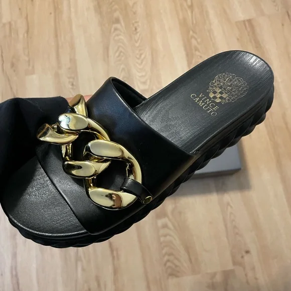 Vince Camuto Black and Gold Chain Mules - Picture 2 of 3